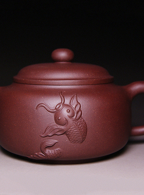 玩壶天下宜兴紫砂壶沈高工纯手工紫泥鱼跃龙门450CC