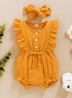 Summer Baby Girls Romper + Headband Cotton Linen Ruffles Sle