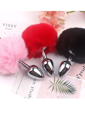 Plush Ball Rabbit Tail Anal Plug Stainless Steel Prostate M
