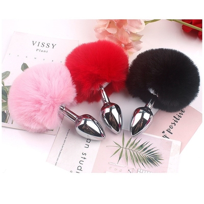 Plush Ball Rabbit Tail Anal Plug Stainless Steel Prostate M