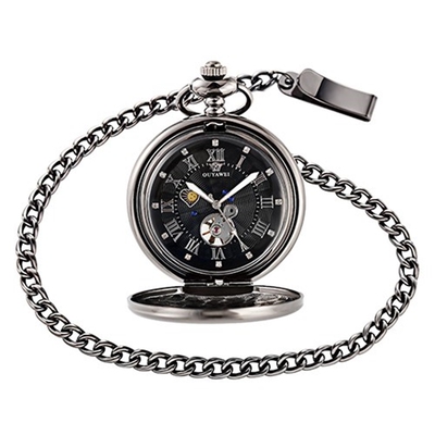OYAWEI Vintage Pocket Watch Black Case Hollow Dial Moon Phas