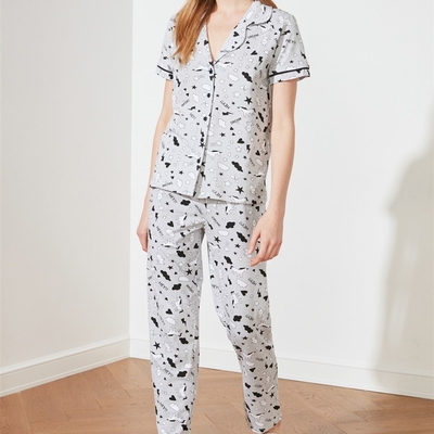 ndyol Gray Bias Tape Detailed Knitted Pajamas Set THMSS19IP0