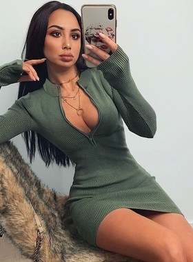 Women Winter Fall Bodycon Ribbed Dress 2020 New Stand Collar