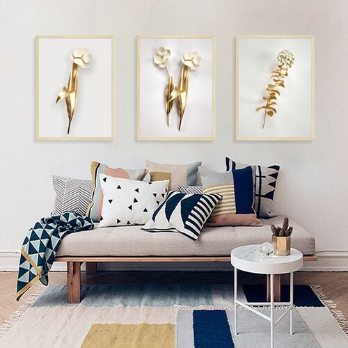 Fake frame 3D gold white flower Wall Sticker Living room so