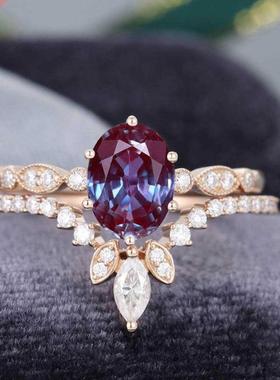 925 Sterling Silver CZ Dainty Jewelry Alexandrite Ring Set A