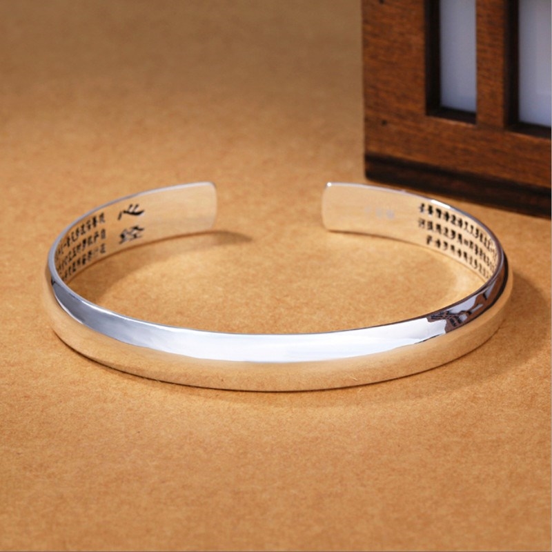 Real Pure 999 Silver Buddhist Heart Sutra Bangle Glossy Cuf