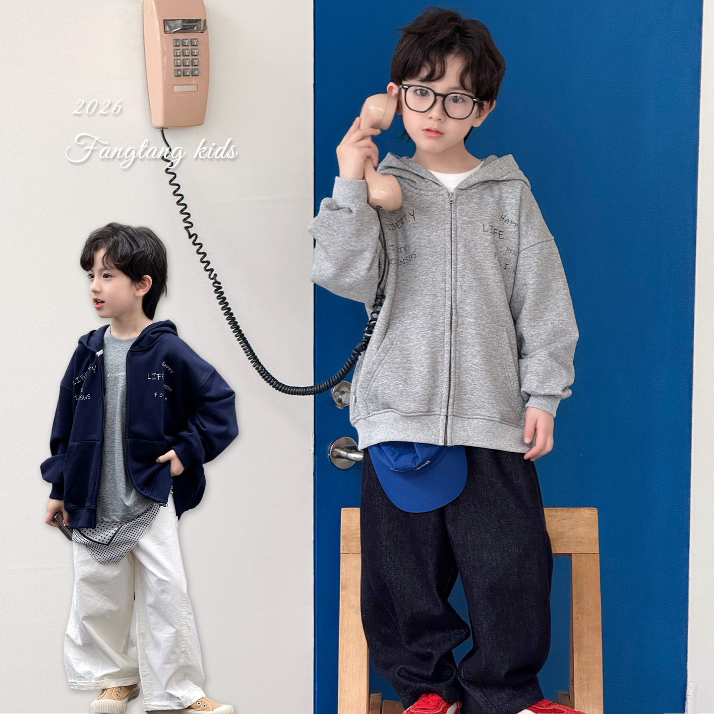 男童连帽卫衣春秋款2026新款儿童蓝色拉链开衫中大童韩版休闲上衣