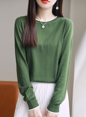 拼色春款圆领薄款针织衫上衣女新款长袖套头打底衫宽松毛衣