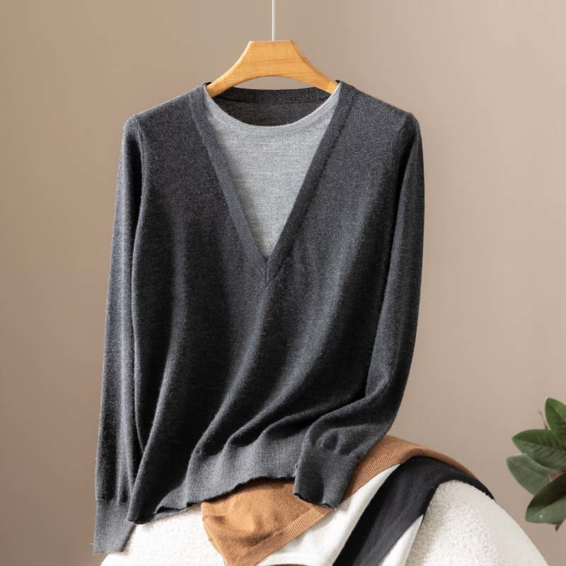 100%纯山羊绒衫女圆领套头毛衣假两件80支精纺毛衫针织打底衫