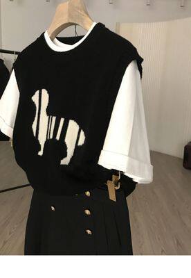 羊毛马夹甲针织背心女士小狗刺绣春季新款短显高圆领宽松毛衣外搭