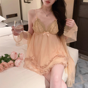 家居套装 甜美网纱蕾丝睡衣深V加胸垫性感纯欲吊带睡裙外袍女式