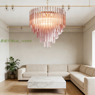 网红粉色艺术吊灯 中古风现代轻奢客厅灯 黄古铜法式餐厅卧室灯具