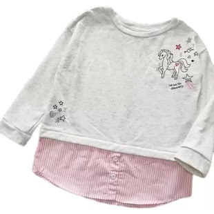 外贸原单薄款柔软独角兽立体手工缝珠HM女童纯棉毛圈拼接长袖卫衣