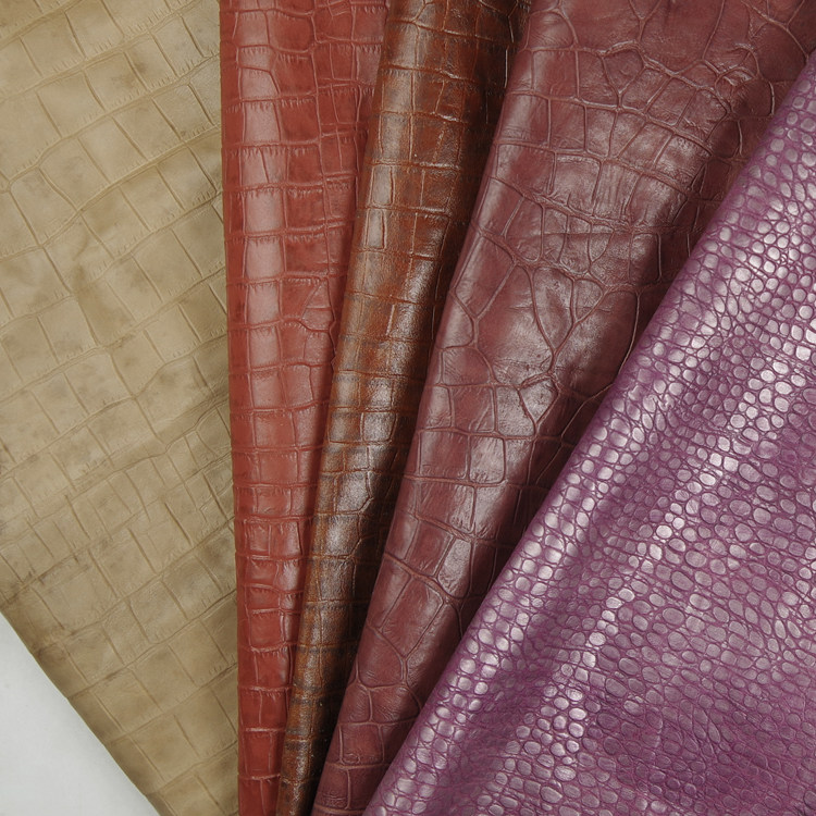 棕色米色牛皮 鳄鱼纹 蜥蜴纹皮料 杂色压花牛皮猪皮真皮皮革 皮料