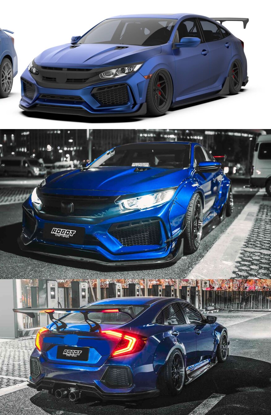 10代15~21款思域civic改装robot款前杠后唇侧裙大包围机器人