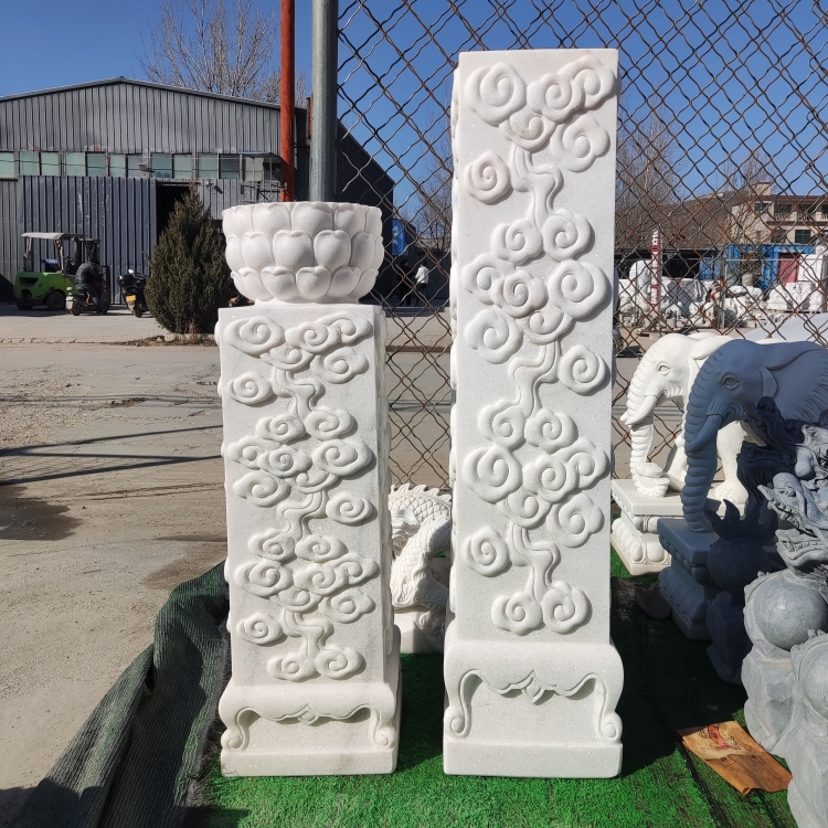 天然汉白玉祥云石柱莲花基座拴马桩中式汉白玉做旧款仙鹤盆景花架