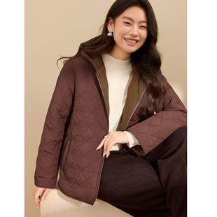 休闲保暖短款 女装 纤莉秀大码 外套胖mm2025冬新款 菱格连帽棉服