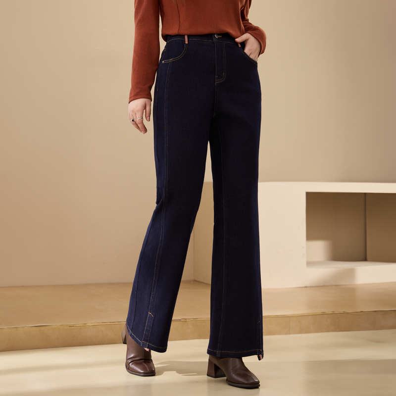 纤莉秀抓毛加厚防寒开叉牛仔裤