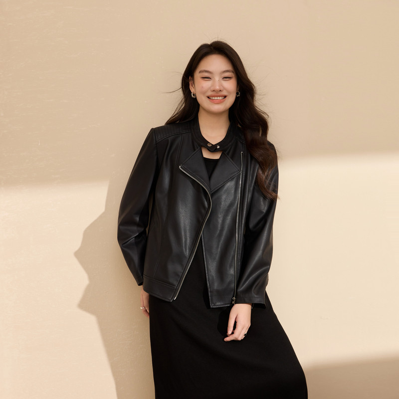 纤莉秀大码女装机车风PU皮外套