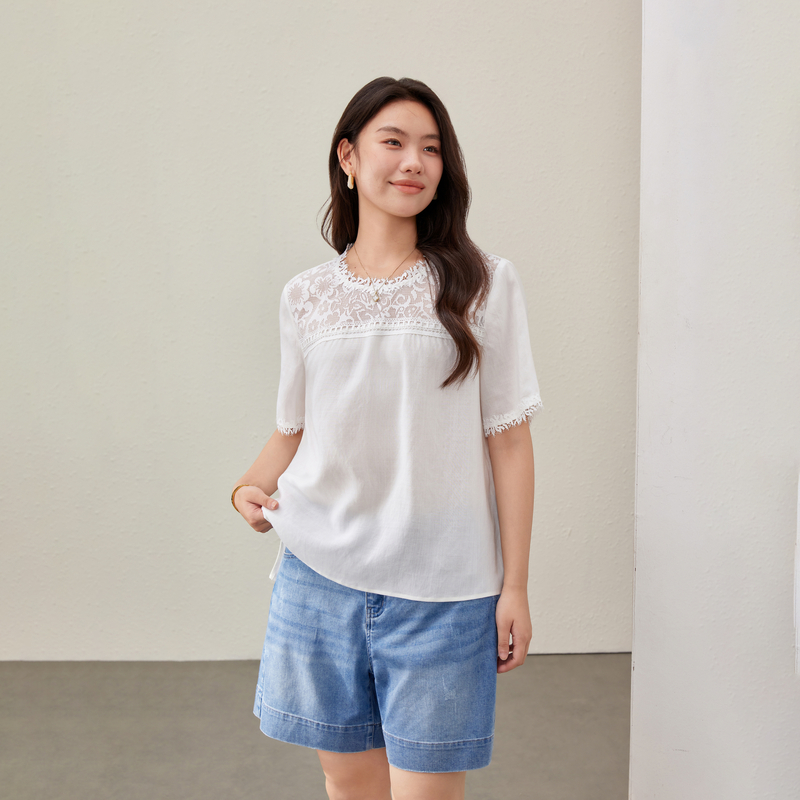【优雅蕾丝拼接气质莱赛尔衬衫】纤莉秀大码女装胖mm2025夏装新款