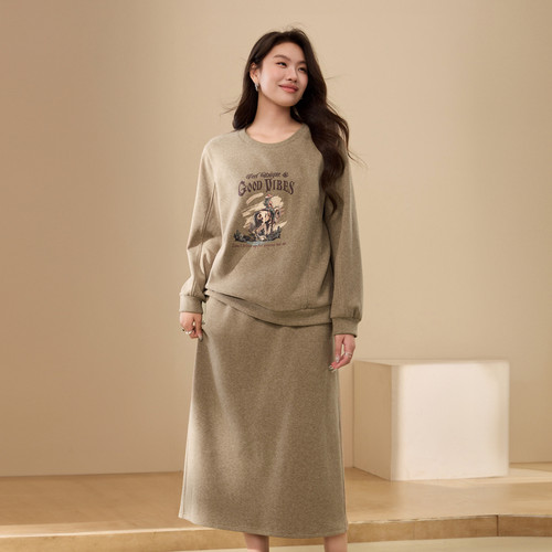 【加州阳光】圆领卫衣半身裙套装纤莉秀大码女装胖mm2025冬装新款