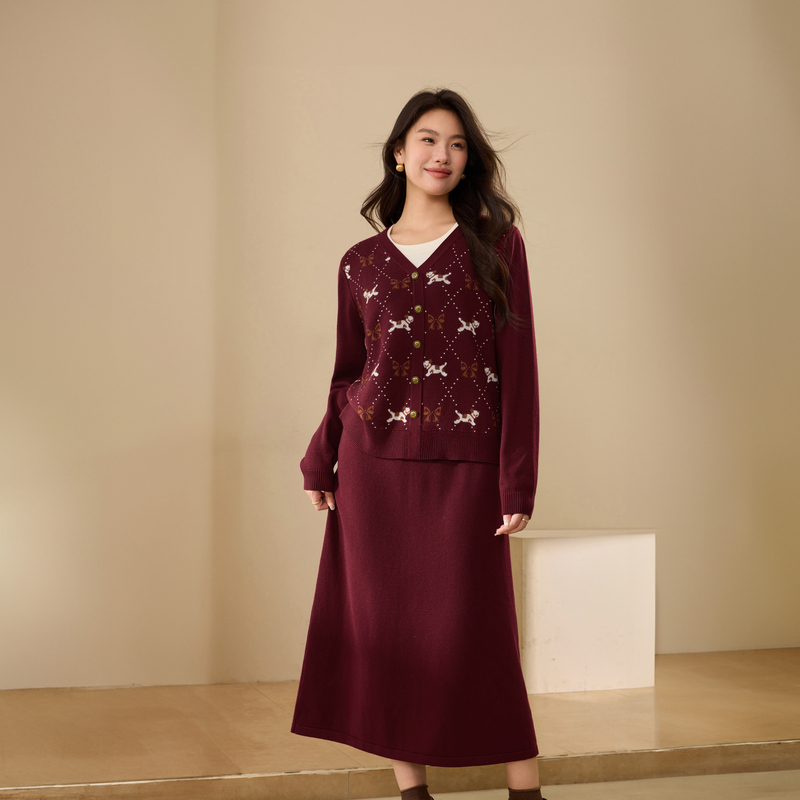 【萌宠乐园】慵懒风V领毛衣半身裙套装纤莉秀大码女装胖mm冬新款