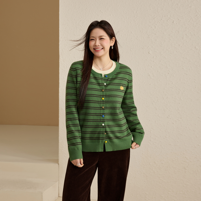 【彩虹糖】重工刺绣复古条纹针织开衫纤莉秀大码女装胖mm冬装新款