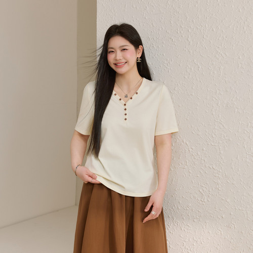 【老钱风松弛感T恤】混纺棉感V领上衣纤莉秀大码女装胖mm夏装新款