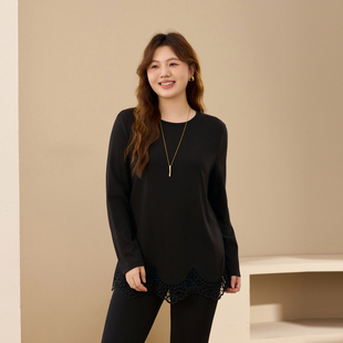 【花间晨露】蕾丝花边小众设计针织T恤纤莉秀大码女装胖mm秋新款
