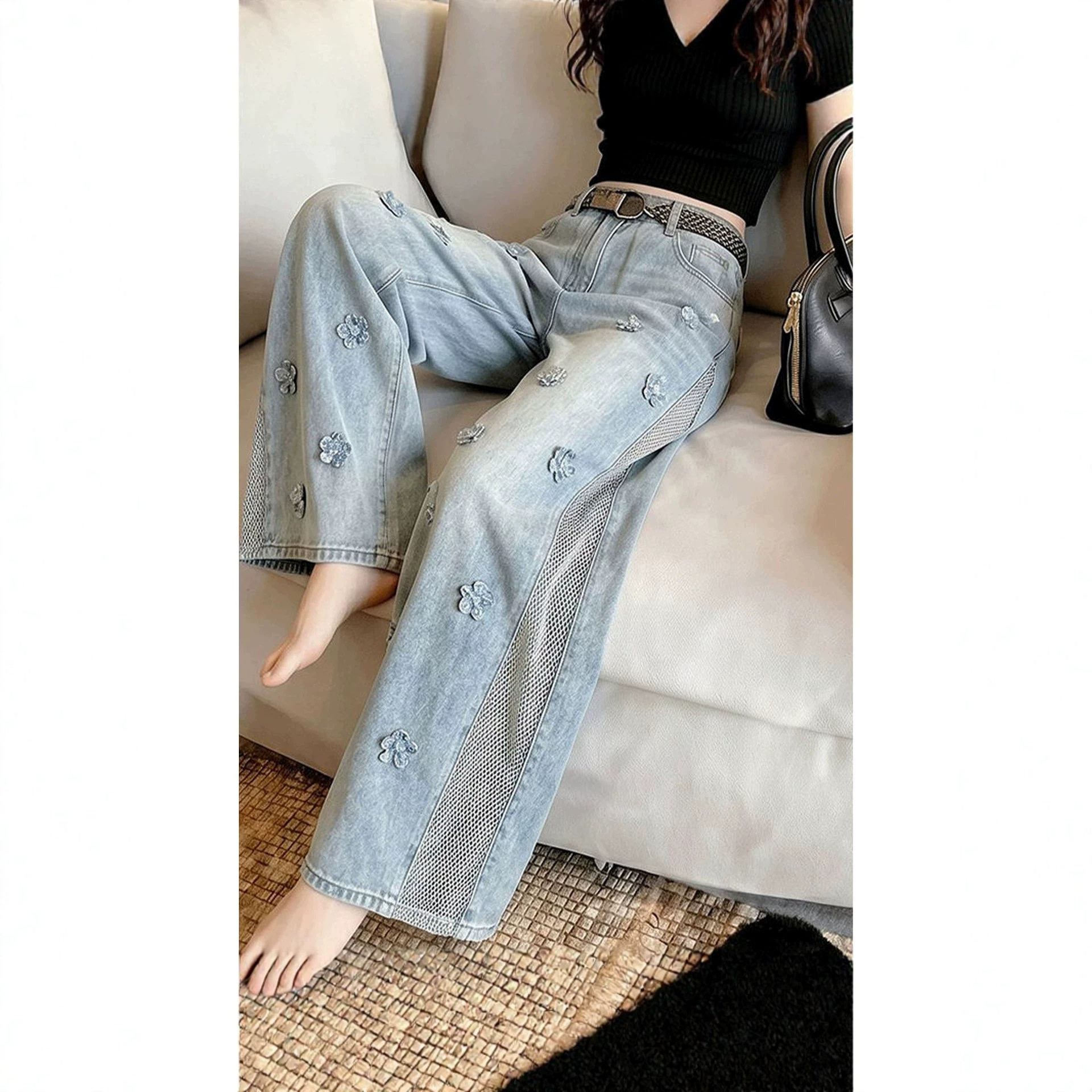 长裤小众款网纱牛仔裤女夏季新款高腰直筒裤立体刺绣花朵休闲长裤