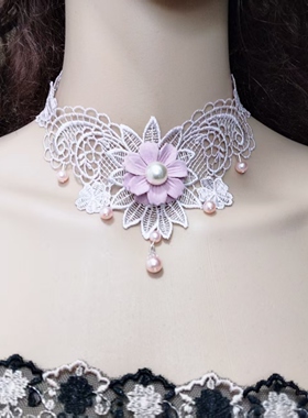 紫粉色蕾丝颈链锁骨链女choker气质名媛项圈甲状腺术后遮挡项链