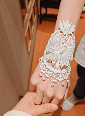 2025新款手腕带手护腕女蕾丝白色珍珠蝴蝶结街拍超仙手饰品单只