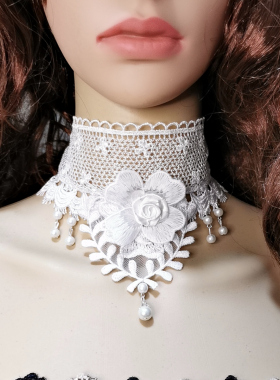 欧美风加宽遮盖脖链蕾丝颈链饰品女花朵白色珍珠项链