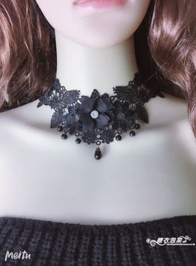 2025原创蕾丝颈链四季透气锁骨手术疤痕遮盖项链花朵黑色水晶脖带