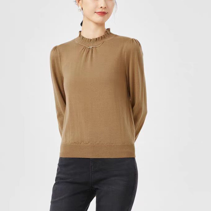 100羊毛娜尔S优雅气质泡泡袖针织衫女2024秋新款上衣时尚链条拼接