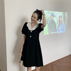 Real price ~ Korean version slim French retro Lapel bubble sleeve medium long short sleeve dress