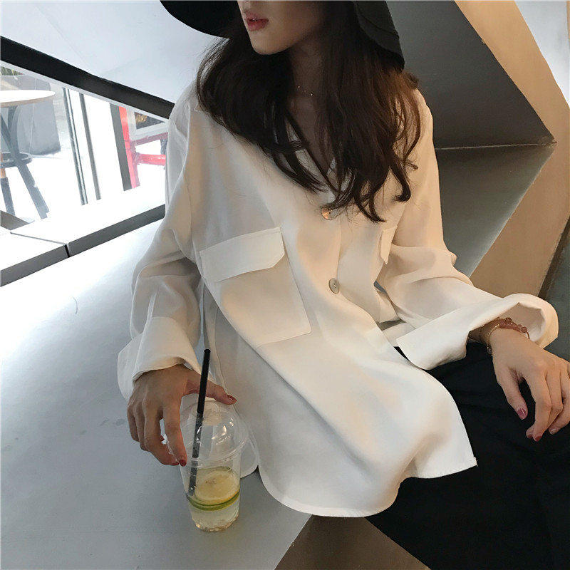 Real price ~ New Korean Hong Kong Style loose and versatile pocket solid color shirt