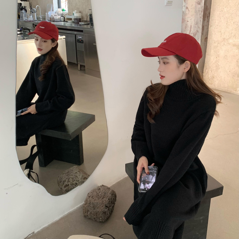 Real shot real price ~ New Korean Slouchy loose fit round neck mid length high collar wool dress