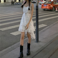 Real price ~ New Korean lace white dress, long dress with suspender, super sweet little skirt
