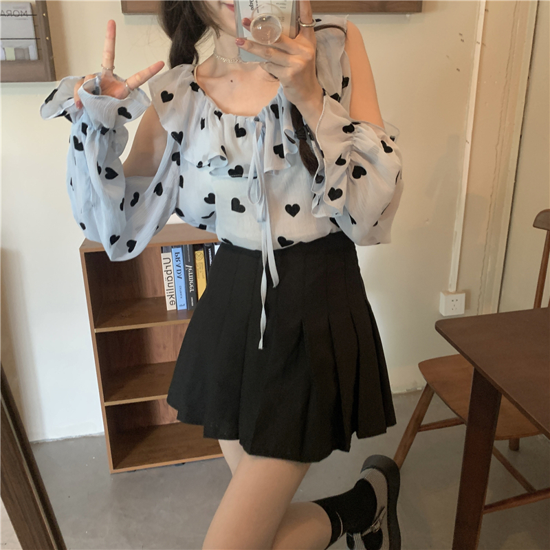 Real price ~ love off the shoulder shirt women's spring and summer Korean version slim long sleeve top