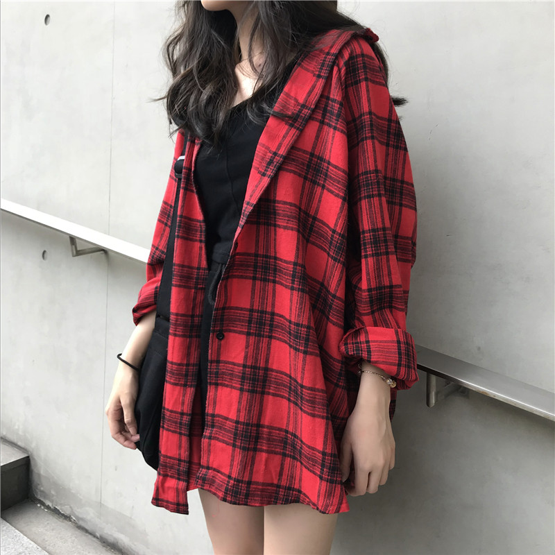 Tested ~New Korean Version Loose Baitao Medium-long Retro Checker Shirt Coat