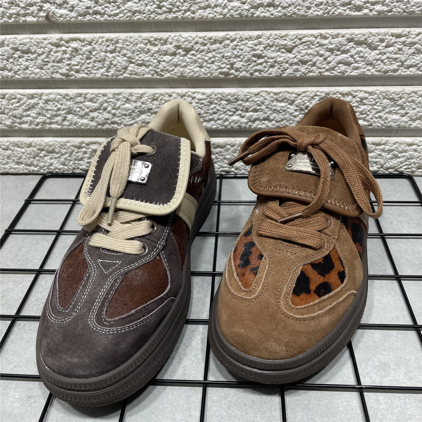 断码处理德训鞋女时尚百搭真皮马毛豹纹拼接圆头厚底系带休闲鞋女