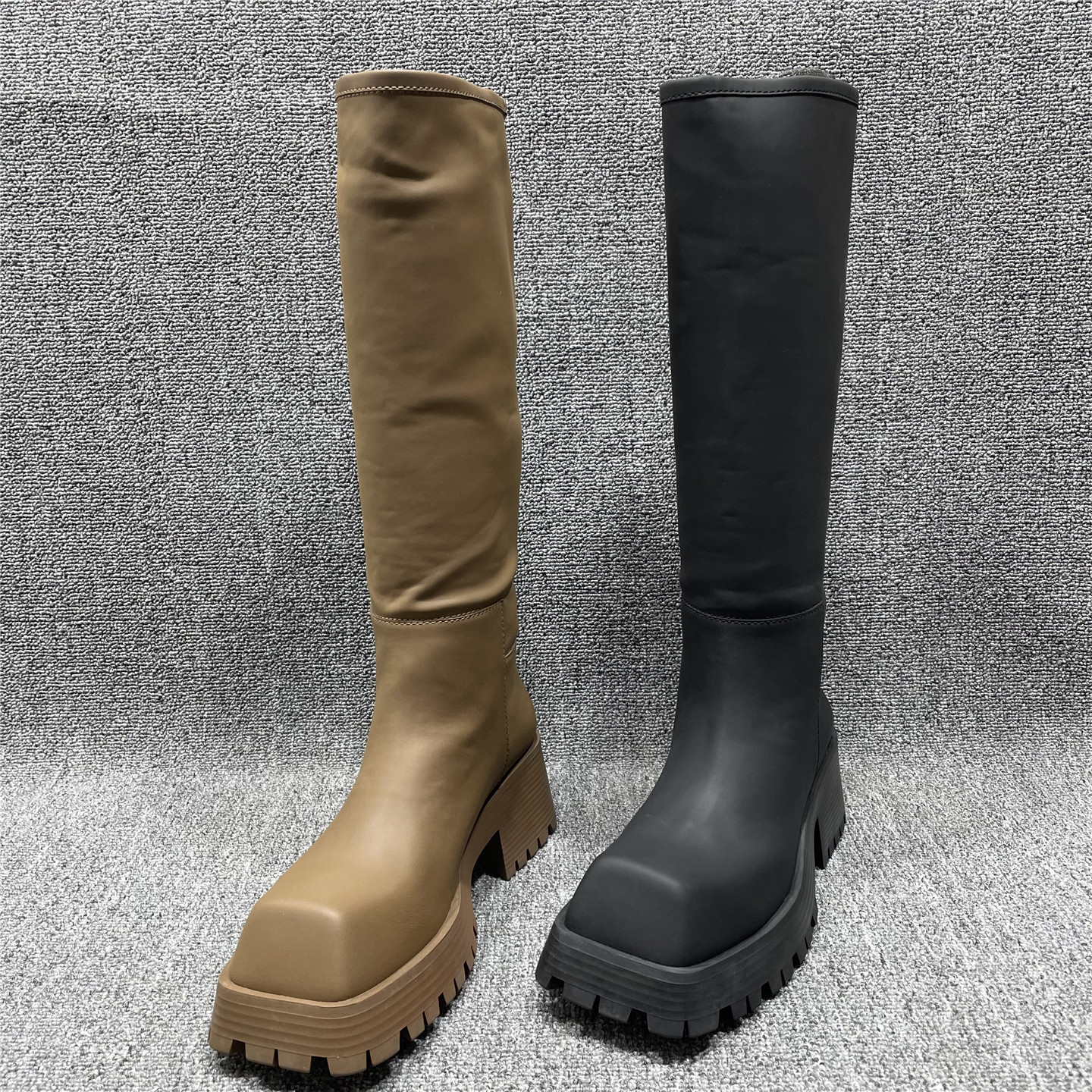 断码处理方头粗跟长筒靴女