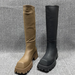 断码 高筒靴套筒长靴子女 处理方头粗跟长筒靴女不过膝显瘦秋冬新款