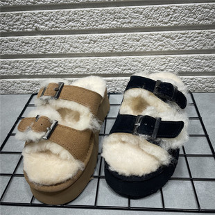 防滑一字勃肯棉拖女 女外穿秋冬新款 断码 处理厚底羊毛真皮毛毛拖鞋
