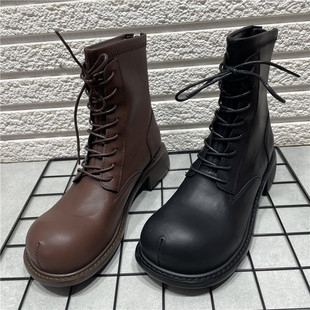 短靴女 单靴显脚小炸街圆头平底软皮爆款 断码 处理马丁靴女春秋新款