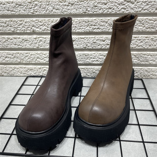 断码 粗跟显瘦短靴软皮增高后拉链裸靴 处理圆头厚底马丁靴女秋冬款