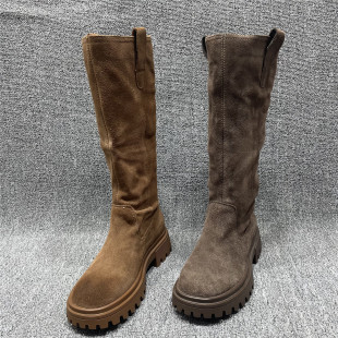 断码 处理长筒西部牛仔靴女真皮厚底圆头不过膝磨砂高靴骑士堆堆靴