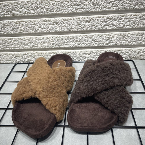 法式复古交叉带毛毛鞋女