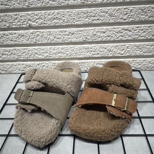 复古休闲毛毛拖鞋 女秋冬新款 女外穿平底棉半拖 处理真皮勃肯鞋 断码